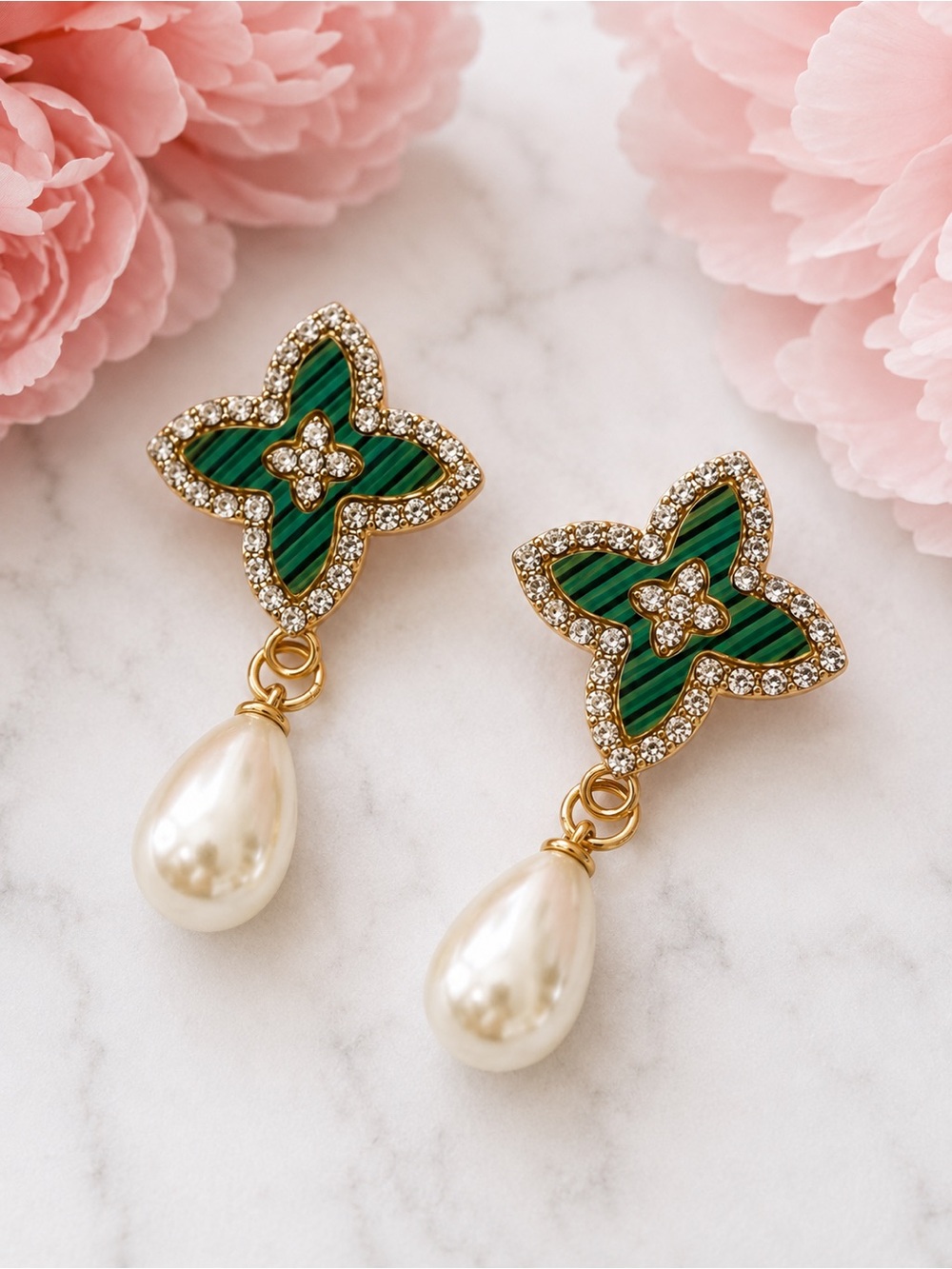 Fashion Jewelry Turquoise Striped Cloisonné Flower Drop Earrings with Pearl